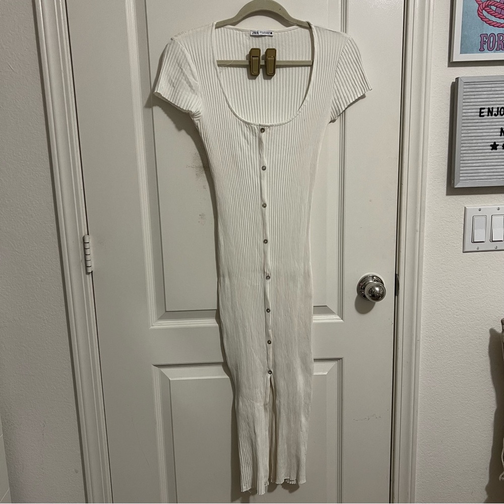 Ribbed White Button-Down Dress